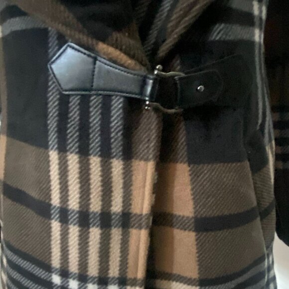 Ellen Reyes Woman Wrap Style Coat Black Tan Cream Plaid Collared Fleece L - Picture 7 of 16